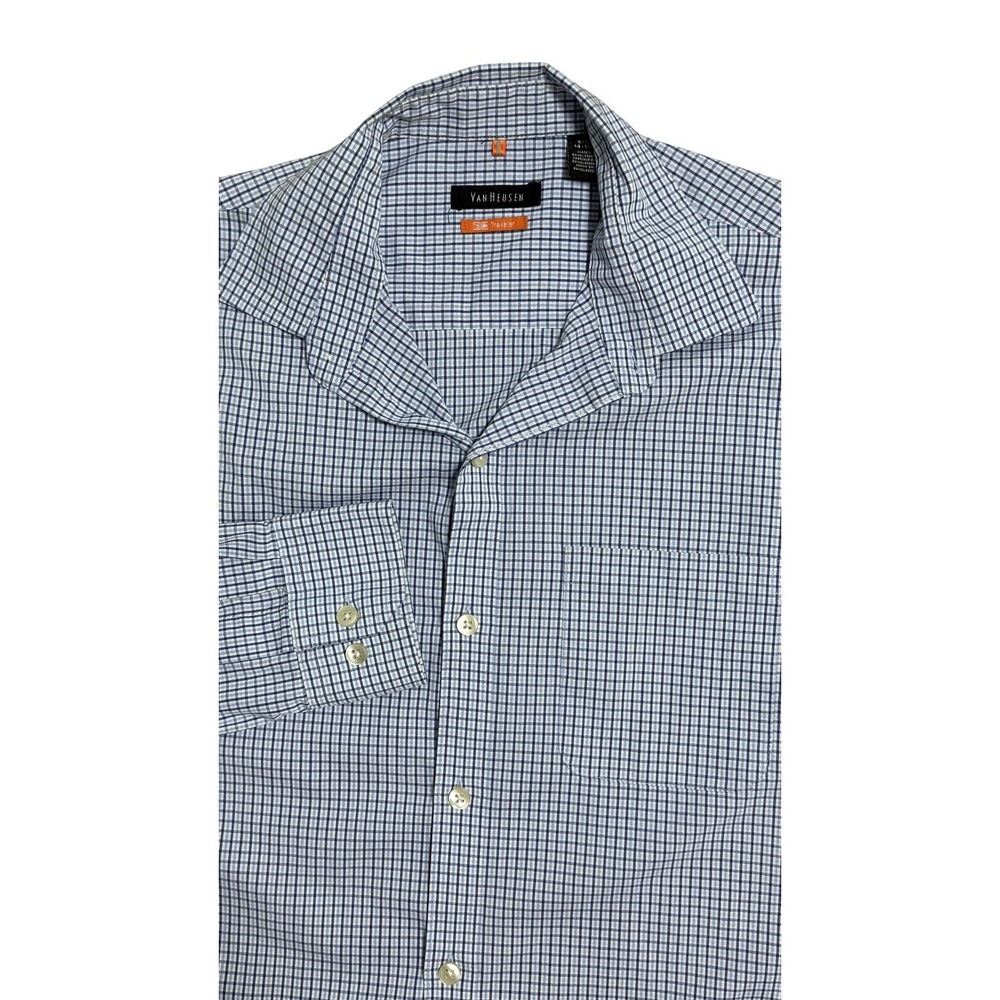 Van Heusen Traveler Shirt Mens Small 14-14.5 32/33 Blue Check Slim Fit Stretch